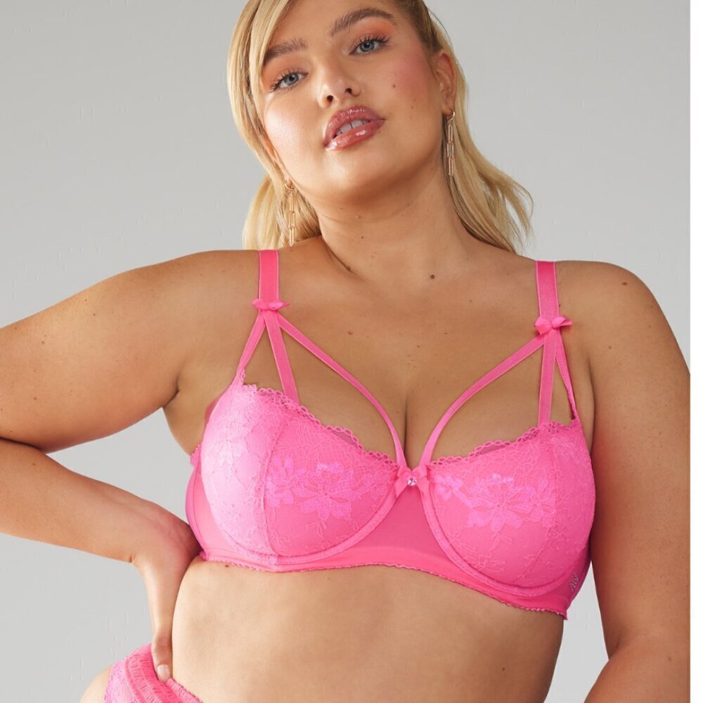 NWT Savage x Fenty Living in the Clouds Iridescent Lace Caged Demi Bra Pink 34DD